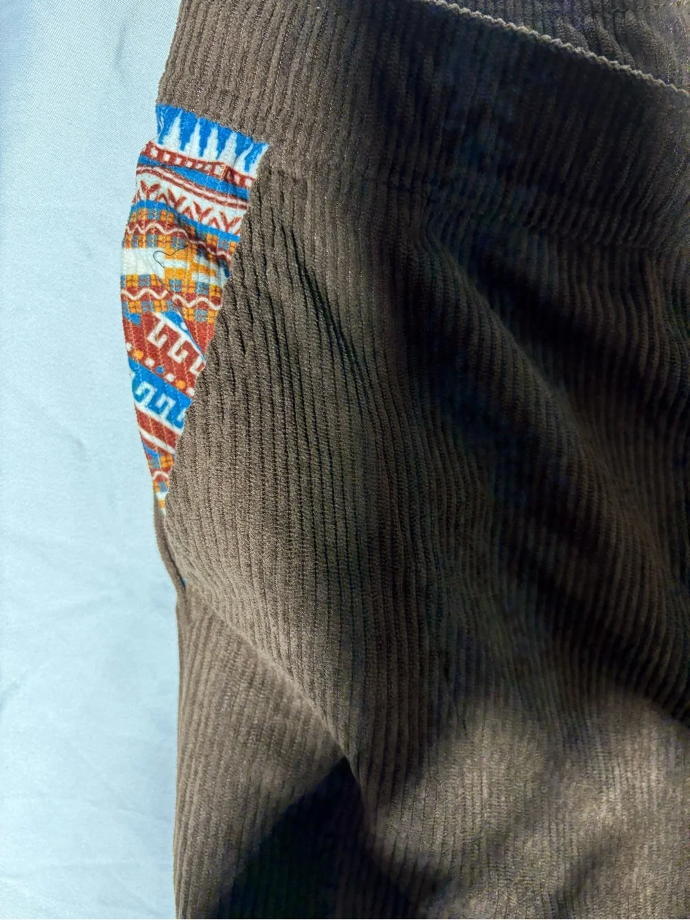 Men's Brown Corduroy Drawstring Pants with Patterned Pocket Trim